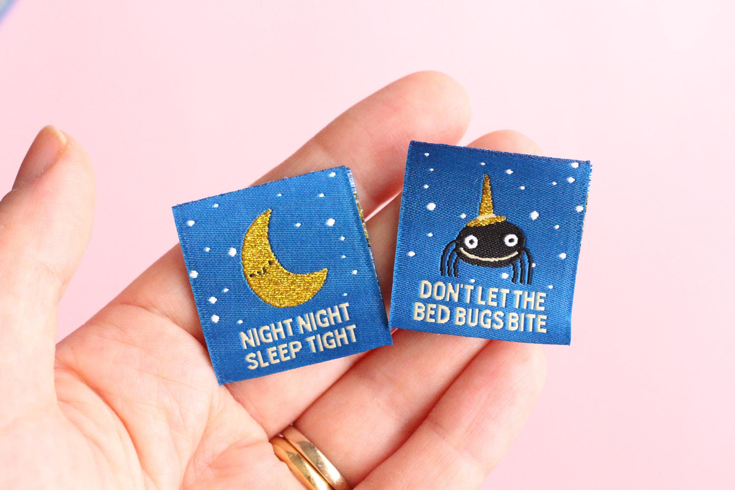 Pyjama Sewing Labels – Pack of 6 Double-Sided Fun Tags, Super Soft Labels for Handmade Projects "Night Night" "Don't Let the Bed Bugs Bite" - The Cosy Club Handmade