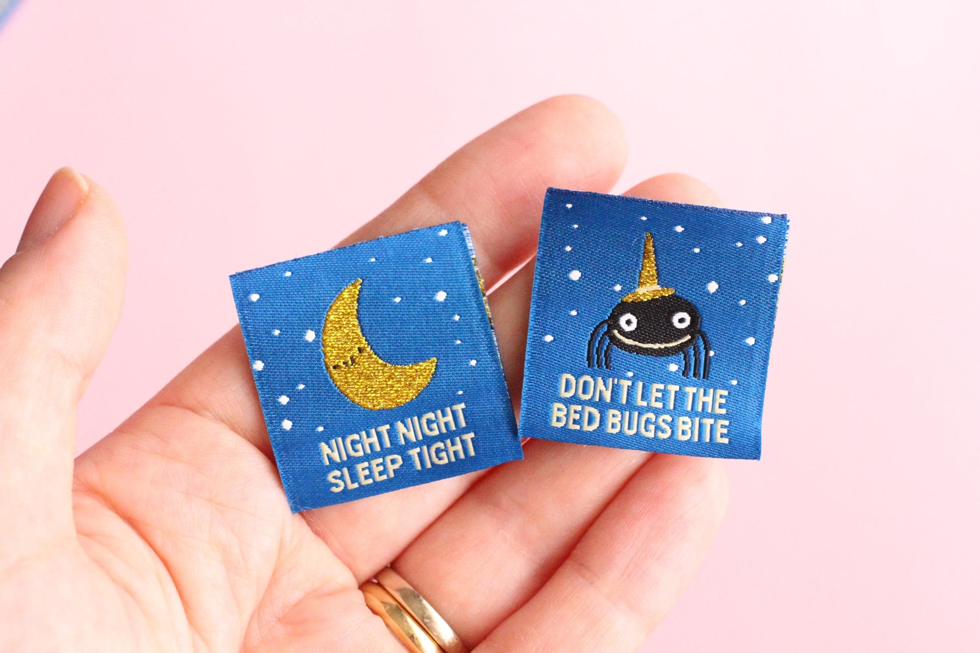Pyjama Sewing Labels – Pack of 6 Double-Sided Fun Tags, Super Soft Labels for Handmade Projects "Night Night" "Don't Let the Bed Bugs Bite" - The Cosy Club Handmade