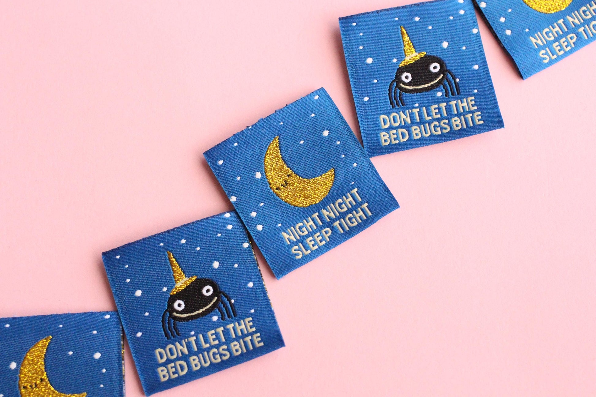 Pyjama Sewing Labels – Pack of 6 Double-Sided Fun Tags, Super Soft Labels for Handmade Projects "Night Night" "Don't Let the Bed Bugs Bite" - The Cosy Club Handmade