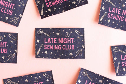 Woven Sewing Labels – Pack of 5 Silver Navy “Late Night Sewing Club” Tags, Fun Clothing Labels for Handmade Clothes, Tags for Handmade - The Cosy Club Handmade