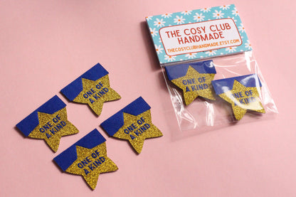 Star Sewing Labels: Metallic Gold "One of a Kind" Woven Tags (Pack of 4), Interfaced | Woven Sewing Labels for Handmade Gifts and Projects - The Cosy Club Handmade