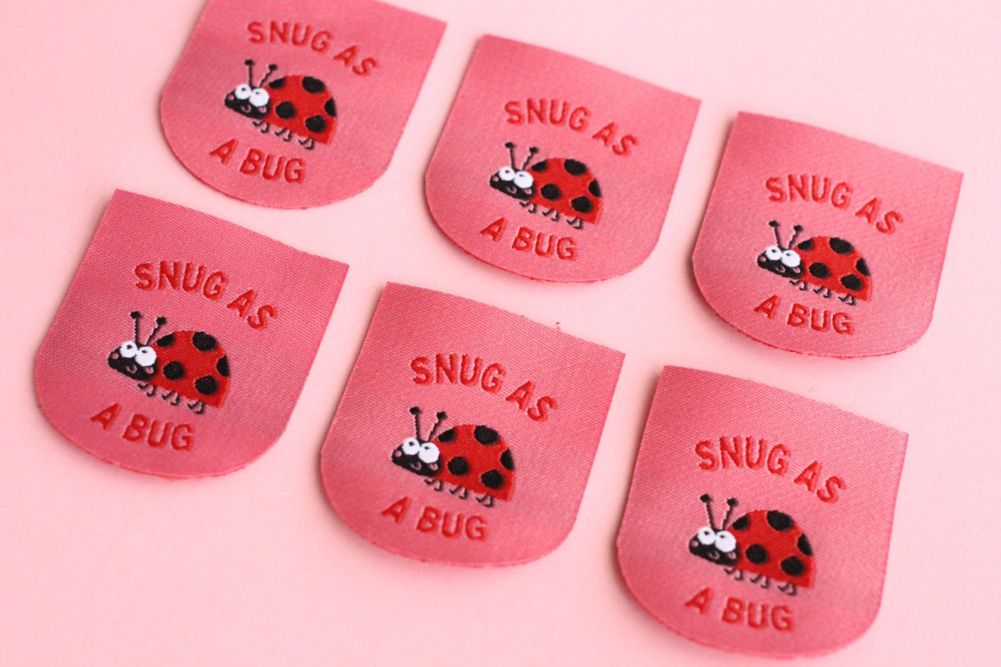 Ladybird / Ladybug Woven Sewing Labels – Pack of 5 Pink “Snug as a Bug” Cute Tags, Soft Clothing Labels for Crochet and Handmade Clothes - The Cosy Club Handmade