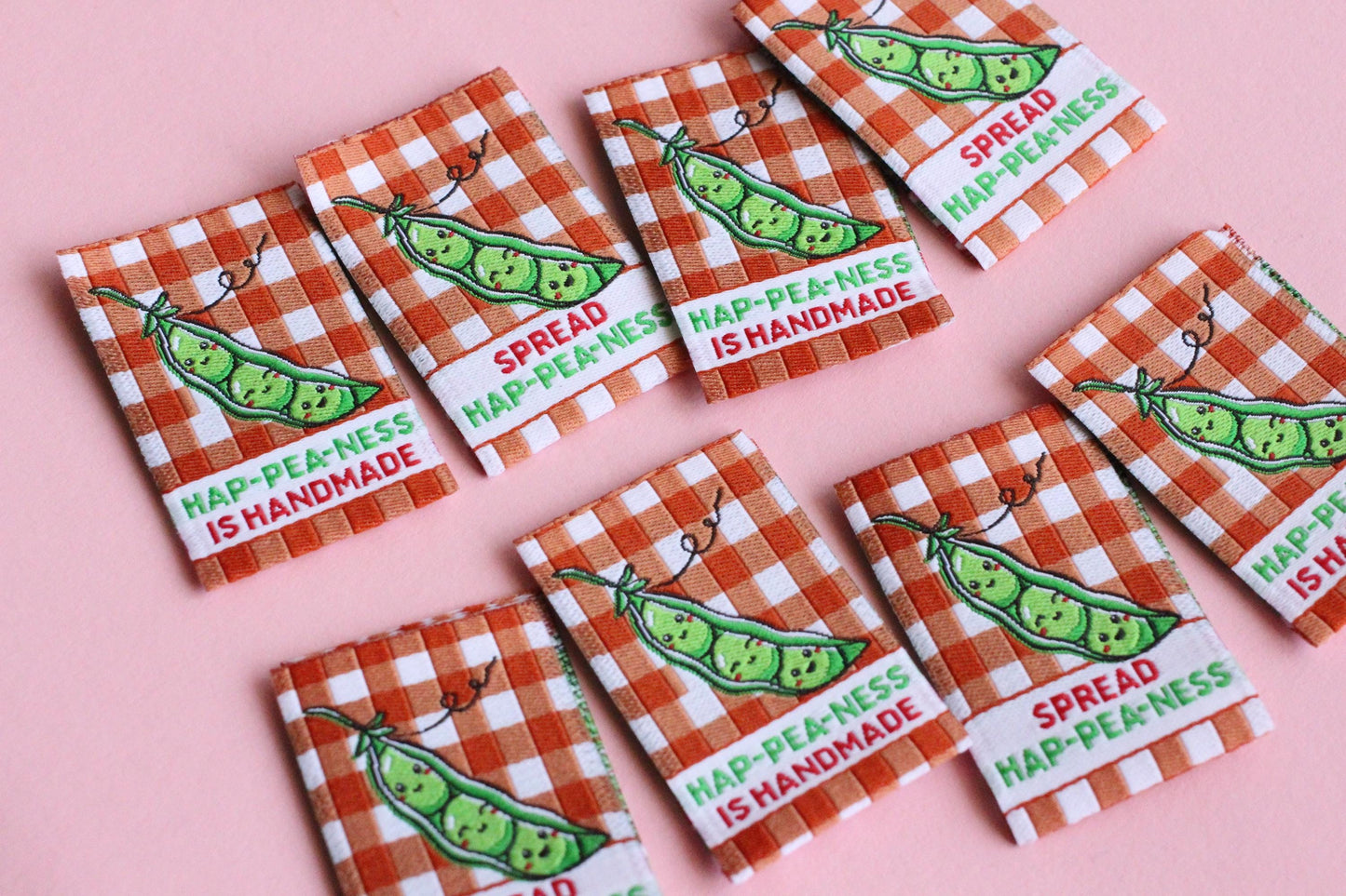 Gingham Woven Sewing Labels – Pack of 6 “Hap-Pea-Ness Is Handmade” Cute Tags, Fun Fabric Labels for Knitting, Quilting & Handmade Clothes - The Cosy Club Handmade
