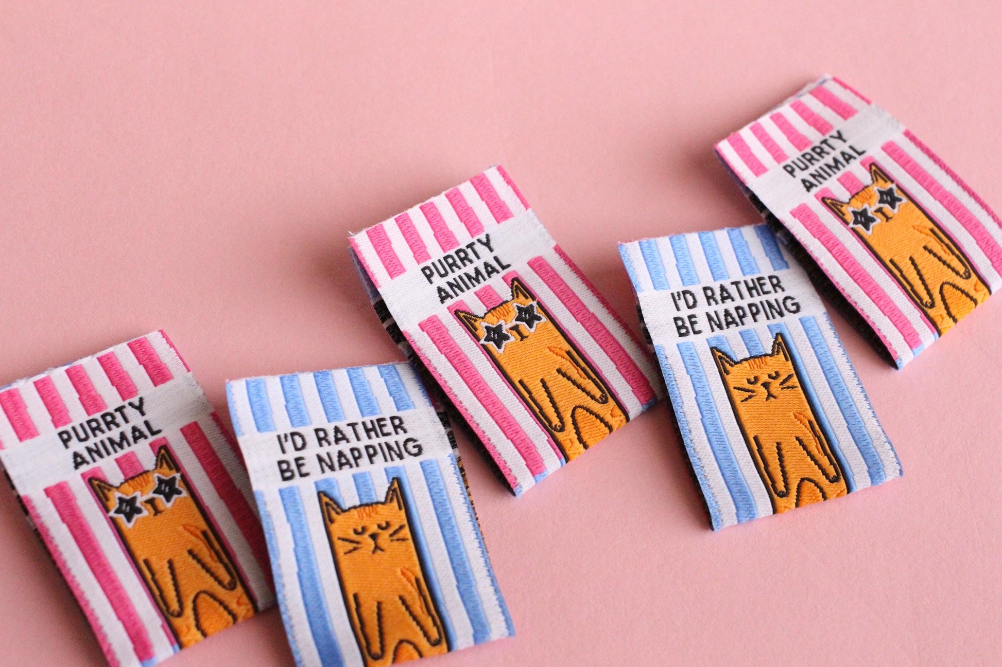 PURRTY ANIMAL | I'D RATHER BE NAPPING Cat Double Sided Woven Sewing Labels (6 Pack) - The Cosy Club Handmade