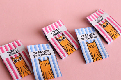 PURRTY ANIMAL | I'D RATHER BE NAPPING Cat Double Sided Woven Sewing Labels (6 Pack) - The Cosy Club Handmade