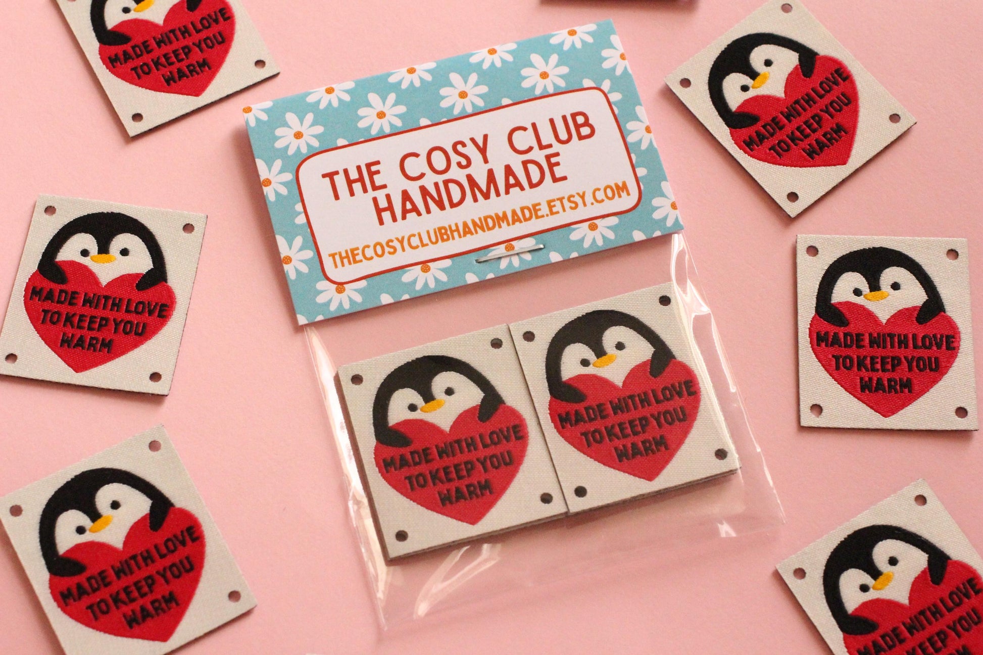 Woven KNITTING / CROCHET Labels – Pack of 5 “Made With Love To Keep You Warm” Interfaced Penguin Knitting Tags, Fabric Labels for Handmade - The Cosy Club Handmade
