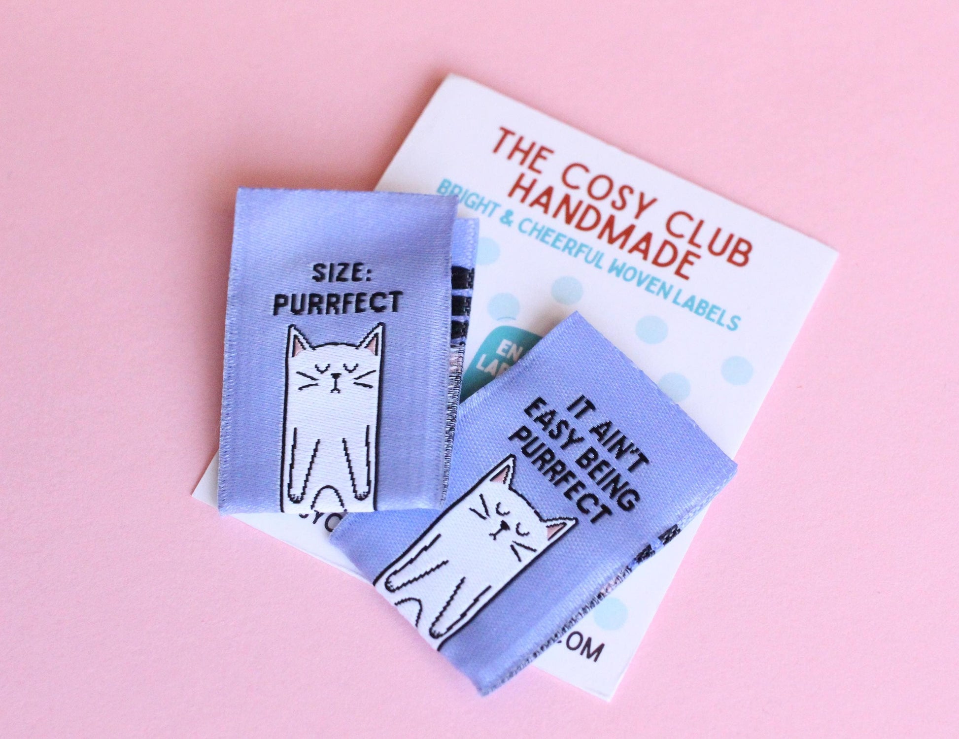 Cat Sewing Labels "Size: Purrfect" Woven Clothing Tags - Pack of 6 Double Sided Soft Woven Sewing Labels for Handmade Projects, Crochet, Fun - The Cosy Club Handmade