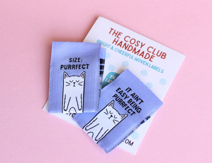 Cat Sewing Labels "Size: Purrfect" Woven Clothing Tags - Pack of 6 Double Sided Soft Woven Sewing Labels for Handmade Projects, Crochet, Fun - The Cosy Club Handmade
