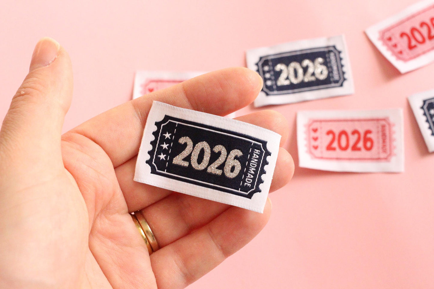 2026 Year Woven Sewing Labels - Pack of 6 vintage ticket design labels for handmade items, crochet, quilting, knitting, Blue or Pink - The Cosy Club Handmade
