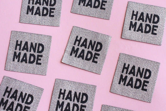 Metallic Silver "HANDMADE" Woven Sewing Labels - Pack of 5 labels for handmade projects, Super sparkly fabric labels for knitting, crochet - The Cosy Club Handmade
