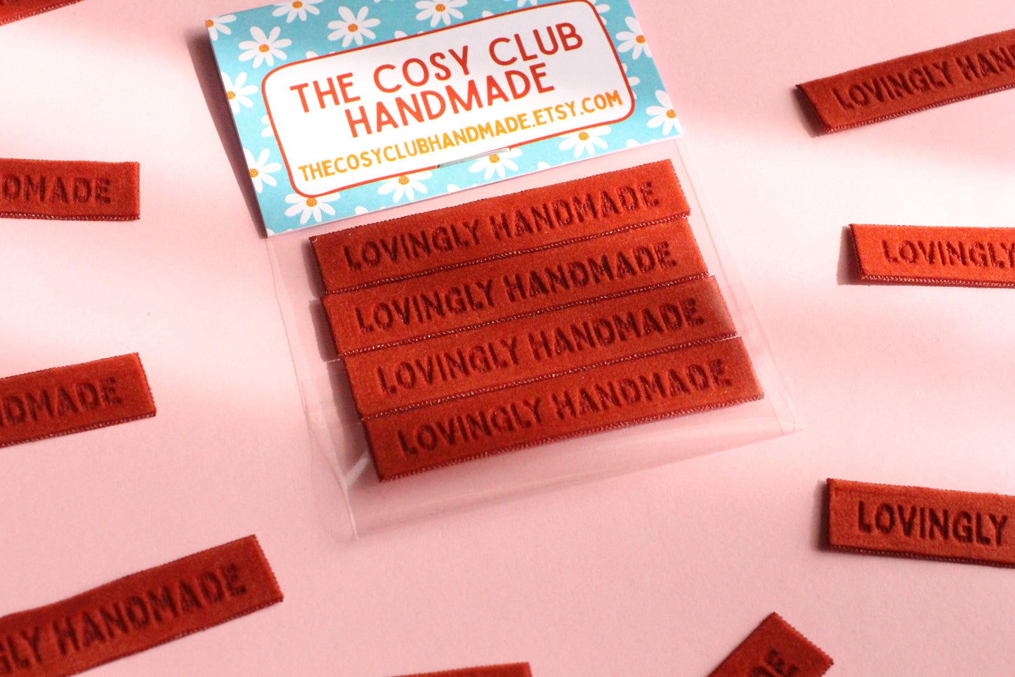 Velvet labels for handmade clothes | Pack of 4 rust orange velvet sewing labels "Lovingly Handmade" | Soft velvet tags for handmade items - The Cosy Club Handmade