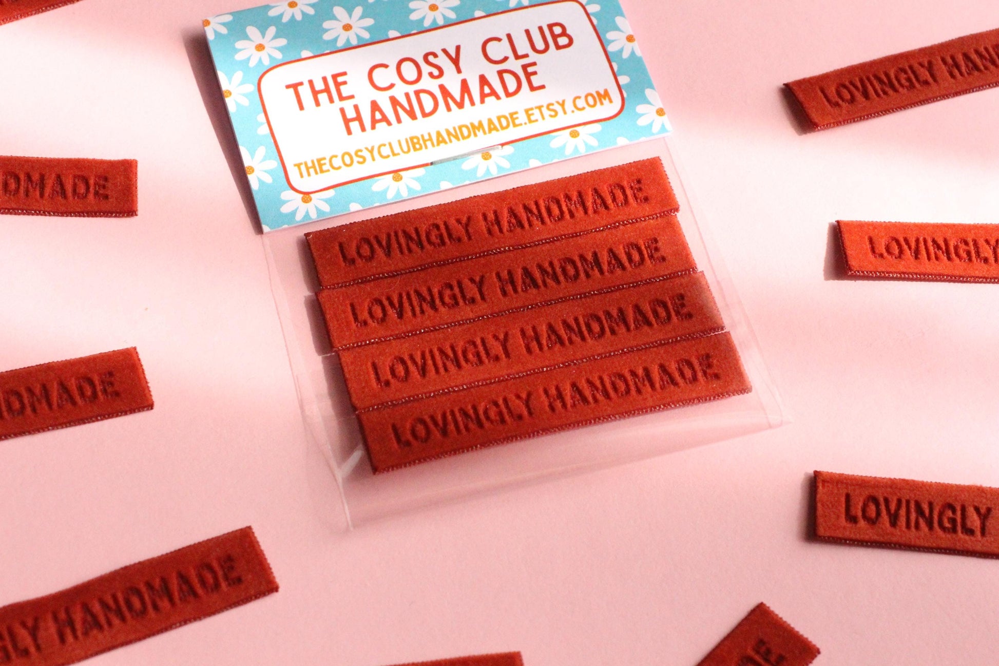 Velvet labels for handmade clothes | Pack of 4 rust orange velvet sewing labels "Lovingly Handmade" | Soft velvet tags for handmade items - The Cosy Club Handmade