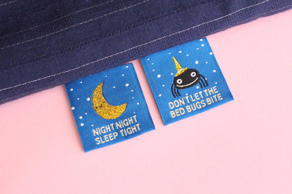 Pyjama Sewing Labels – Pack of 6 Double-Sided Fun Tags, Super Soft Labels for Handmade Projects "Night Night" "Don't Let the Bed Bugs Bite" - The Cosy Club Handmade