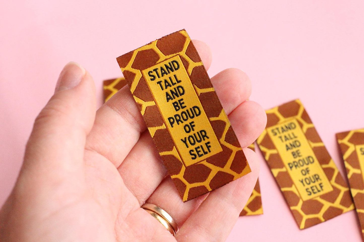Giraffe Woven Sewing Labels – Pack of 5 “Stand Tall and Be Proud of Yourself” Tags, Fun Clothing Labels for Handmade Clothes, Quilting - The Cosy Club Handmade