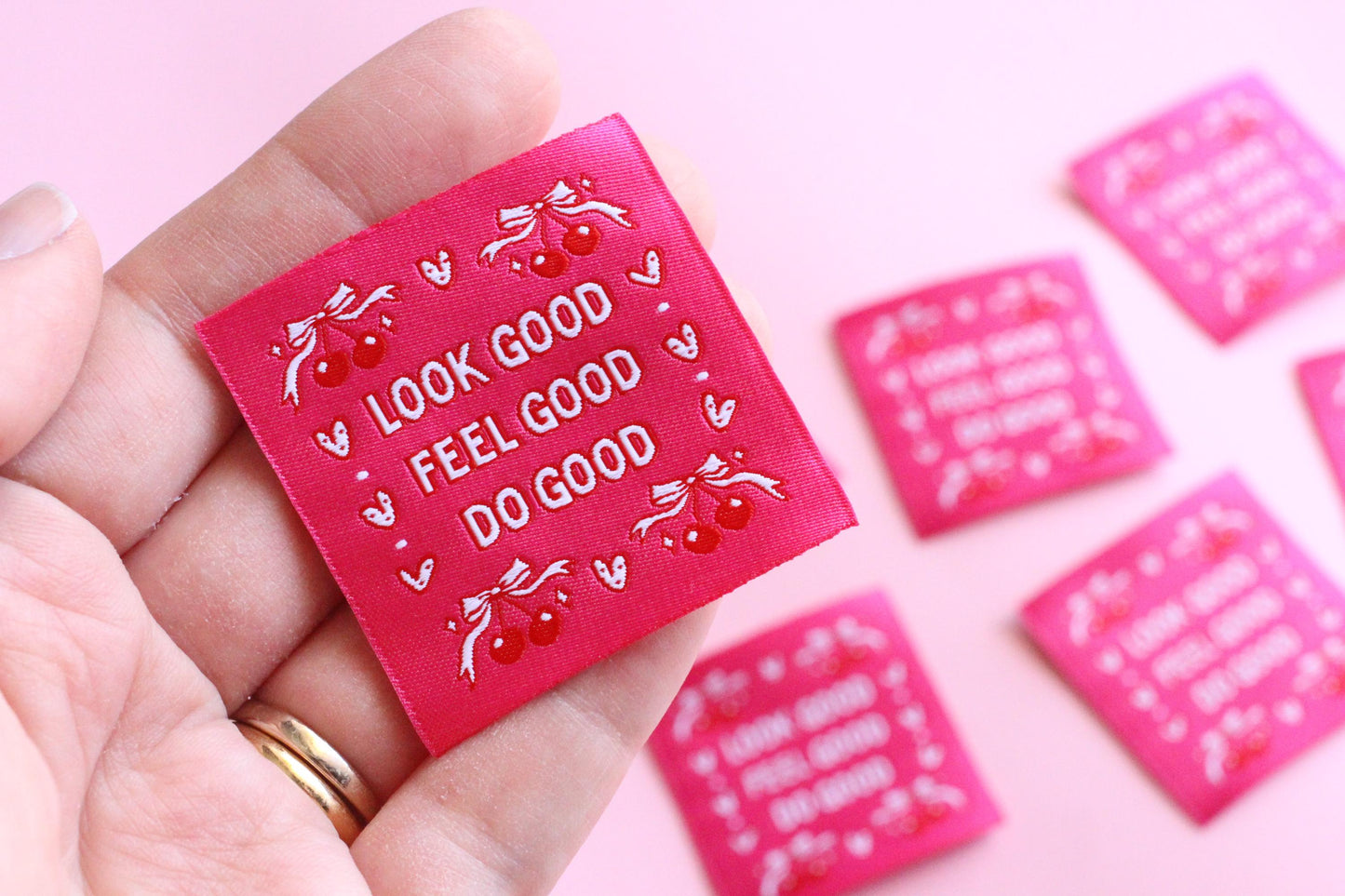Pink Woven Sewing Labels – Pack of 5 Coquette Bow Cherry “Feel Good Look Good Do Good” Tags, Fun Clothing Labels for Handmade Projects - The Cosy Club Handmade