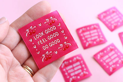 Pink Woven Sewing Labels – Pack of 5 Coquette Bow Cherry “Feel Good Look Good Do Good” Tags, Fun Clothing Labels for Handmade Projects - The Cosy Club Handmade