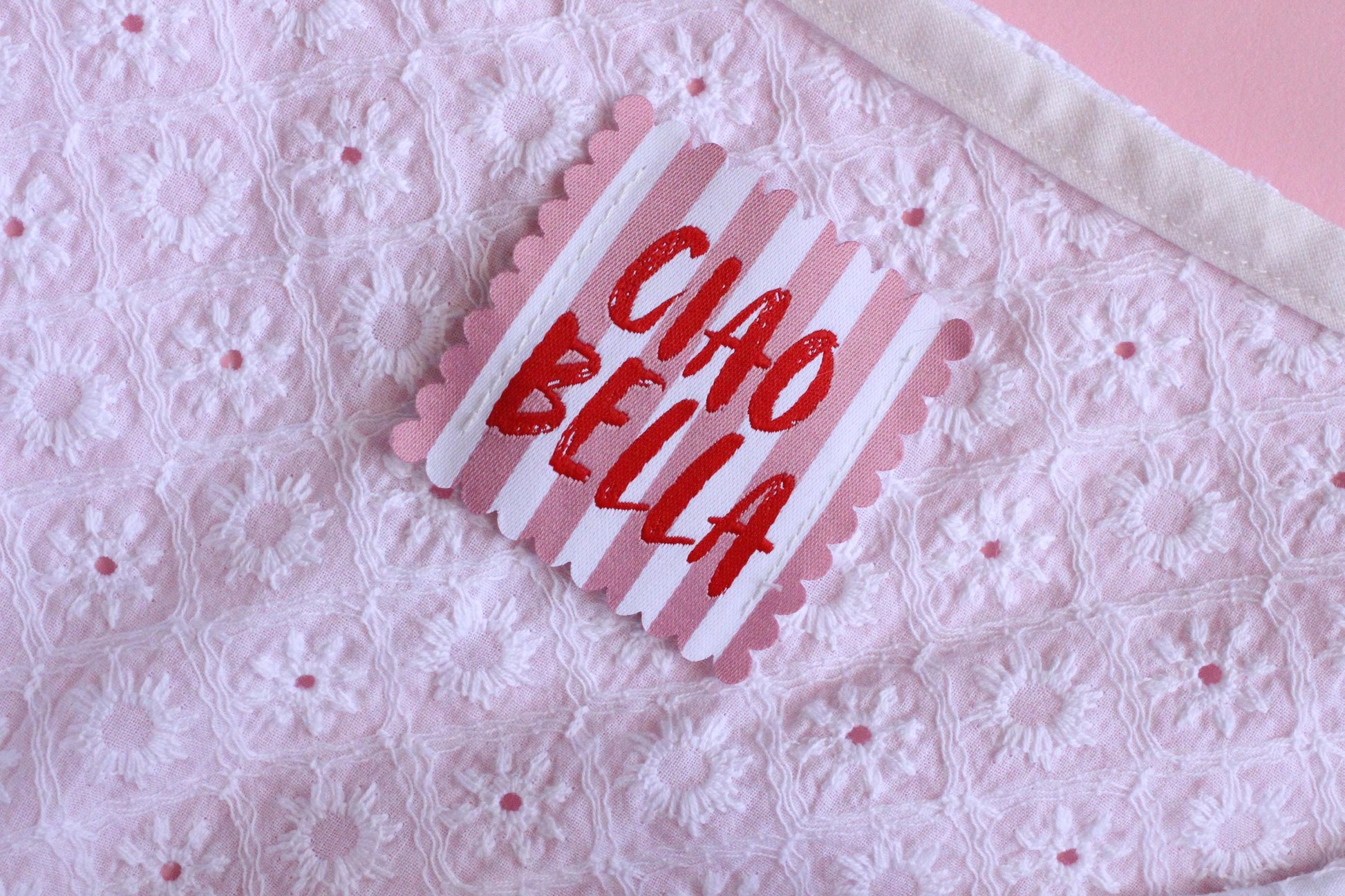 Ciao Bella SCALLOP EDGE Woven Sewing Labels: Cute Pink & White Stripe Clothes Tags for Handmade Projects, Summer Woven Labels, Interfaced - The Cosy Club Handmade