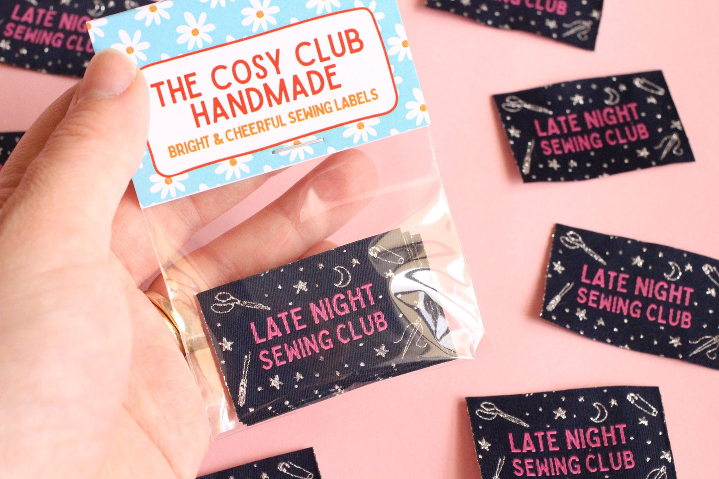 Woven Sewing Labels – Pack of 5 Silver Navy “Late Night Sewing Club” Tags, Fun Clothing Labels for Handmade Clothes, Tags for Handmade - The Cosy Club Handmade