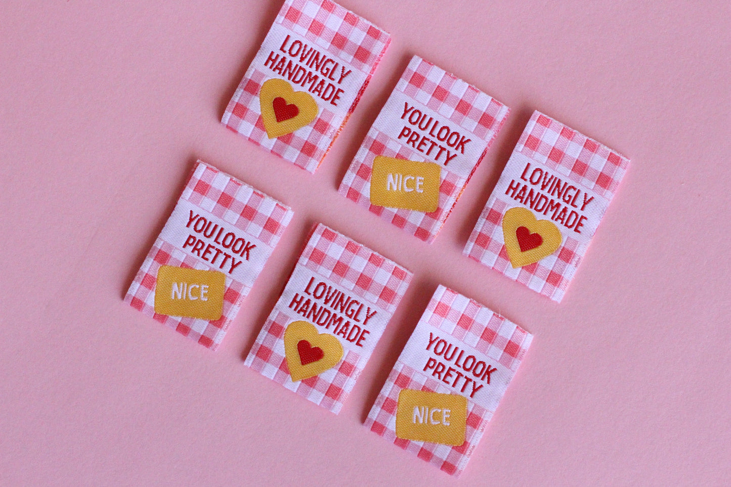 Sewing labels for handmade | Pack of 6 pink gingham woven sewing labels - "Lovingly Handmade" "You Look Pretty (Nice)" | Cute clothing tag - The Cosy Club Handmade