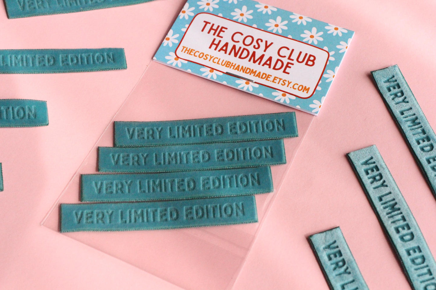 Velvet labels for handmade clothes | Pack of 4 teal velvet sewing labels "Very Limited Edition" | Soft velvet tags for handmade items - The Cosy Club Handmade