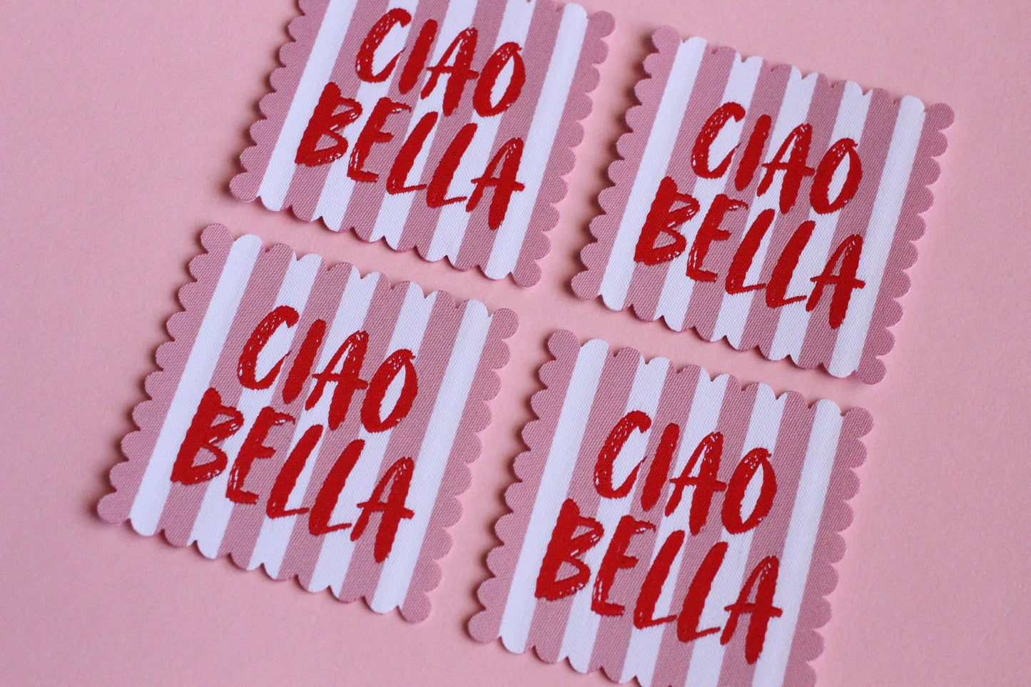 Ciao Bella SCALLOP EDGE Woven Sewing Labels: Cute Pink & White Stripe Clothes Tags for Handmade Projects, Summer Woven Labels, Interfaced - The Cosy Club Handmade
