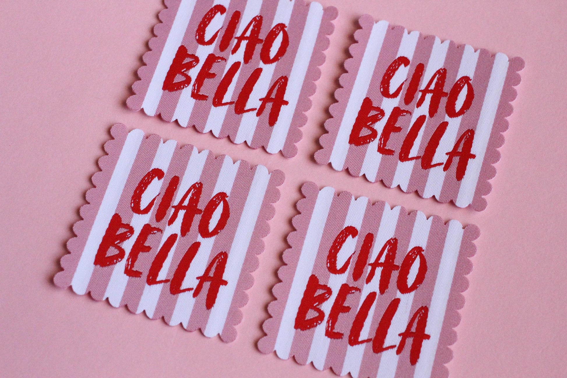 Ciao Bella SCALLOP EDGE Woven Sewing Labels: Cute Pink & White Stripe Clothes Tags for Handmade Projects, Summer Woven Labels, Interfaced - The Cosy Club Handmade