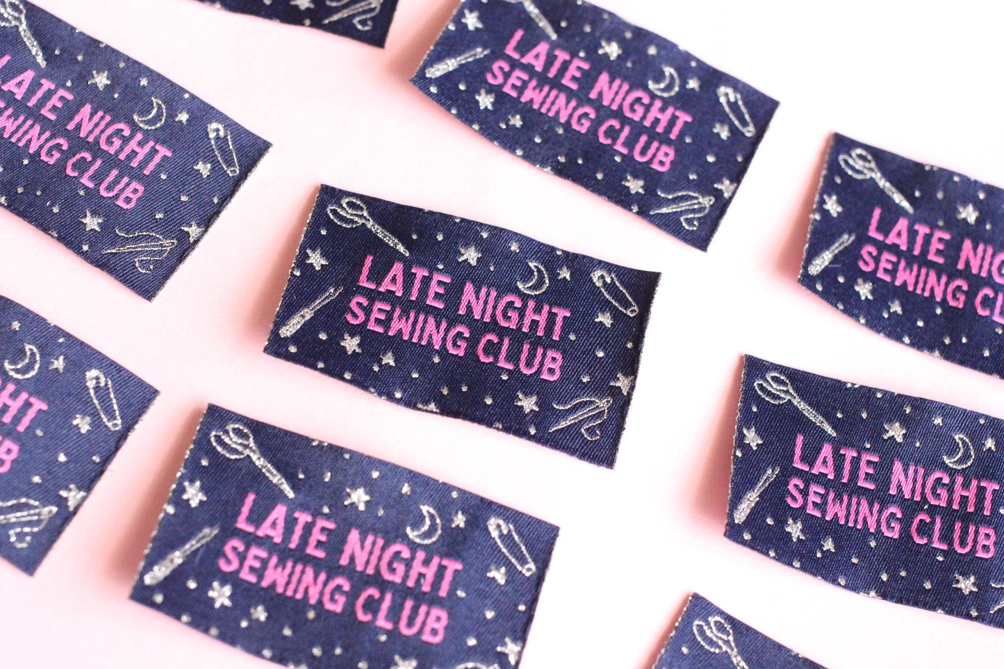 Woven Sewing Labels – Pack of 5 Silver Navy “Late Night Sewing Club” Tags, Fun Clothing Labels for Handmade Clothes, Tags for Handmade - The Cosy Club Handmade