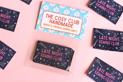 Woven Sewing Labels – Pack of 5 Silver Navy “Late Night Sewing Club” Tags, Fun Clothing Labels for Handmade Clothes, Tags for Handmade - The Cosy Club Handmade