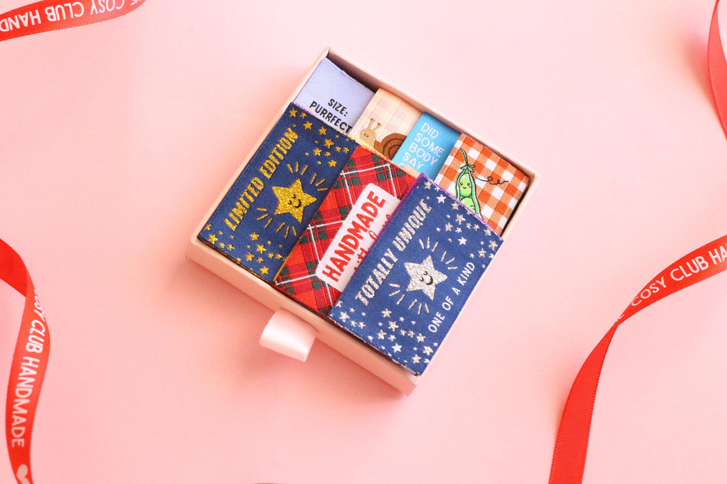 LIMITED EDITION Sewing Labels Gift Set | 18 woven sewing labels in reusable gift box. Gift set for sewists, crafts, quilt tags, labels gifts - The Cosy Club Handmade