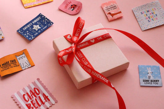 LIMITED EDITION Sewing Labels Gift Set | 18 woven sewing labels in reusable gift box. Gift set for sewists, crafts, quilt tags, labels gifts - The Cosy Club Handmade