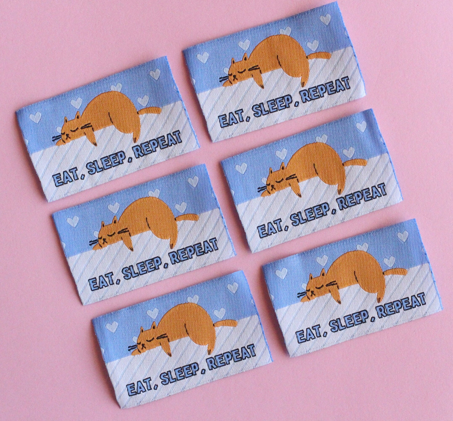 Ginger Cat Woven Sewing Labels: 'Eat Sleep Repeat' Pack of 5 Super Soft High Quality Fun Sewing Tags for Handmade Projects, Quilting, Crafts - The Cosy Club Handmade