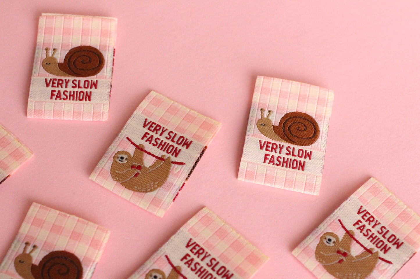 Funny Woven Sewing Labels – Pack of 6 Snail & Sloth “Very Slow Fashion” Tags, Labels for Quilting, Knitting and Crochet - The Cosy Club Handmade