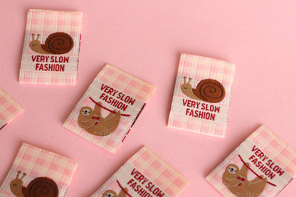 Funny Woven Sewing Labels – Pack of 6 Snail & Sloth “Very Slow Fashion” Tags, Labels for Quilting, Knitting and Crochet - The Cosy Club Handmade
