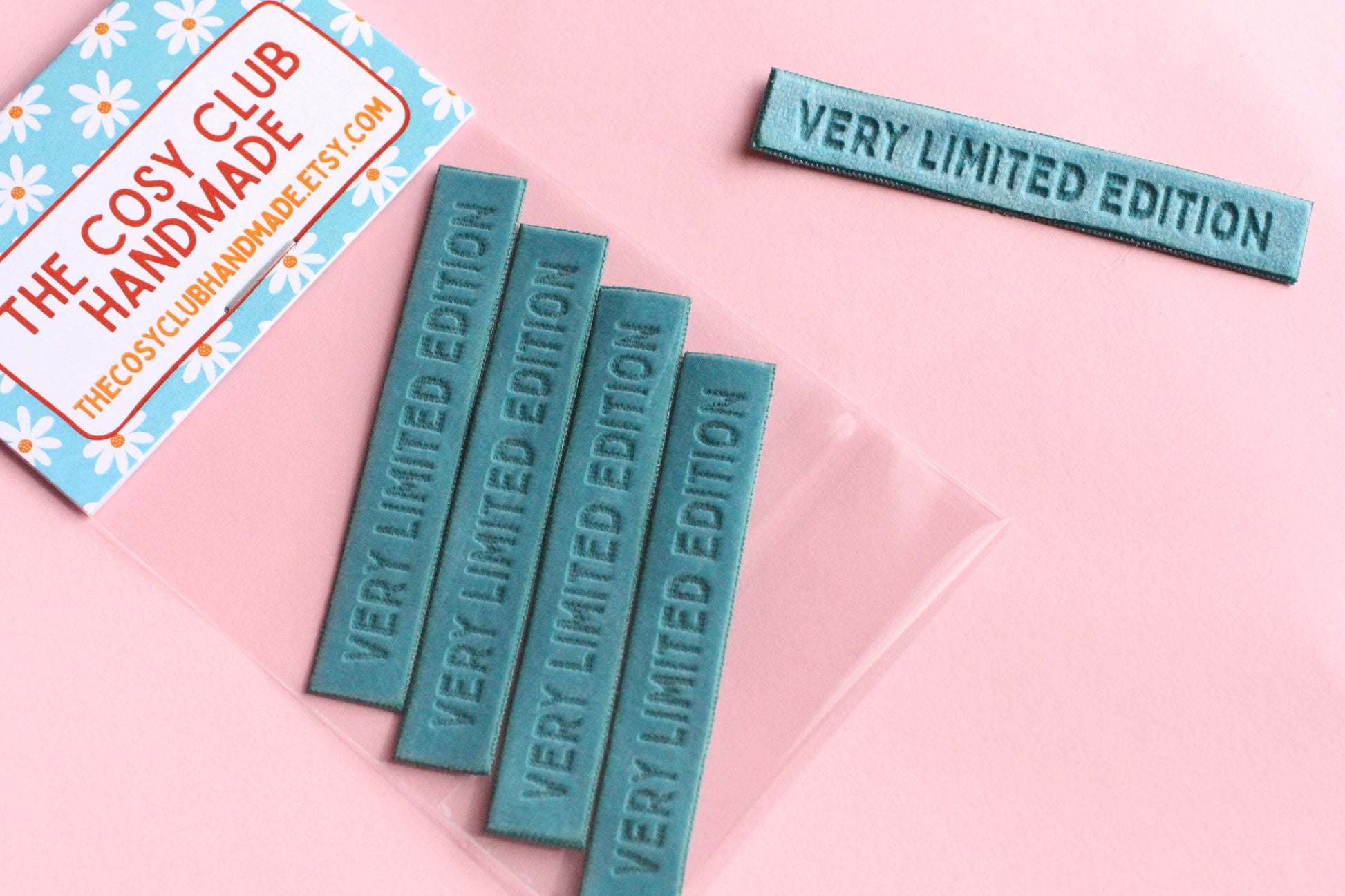 Velvet labels for handmade clothes | Pack of 4 teal velvet sewing labels "Very Limited Edition" | Soft velvet tags for handmade items - The Cosy Club Handmade