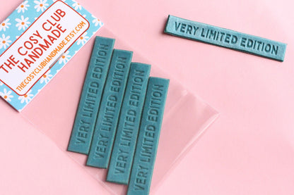 Velvet labels for handmade clothes | Pack of 4 teal velvet sewing labels "Very Limited Edition" | Soft velvet tags for handmade items - The Cosy Club Handmade