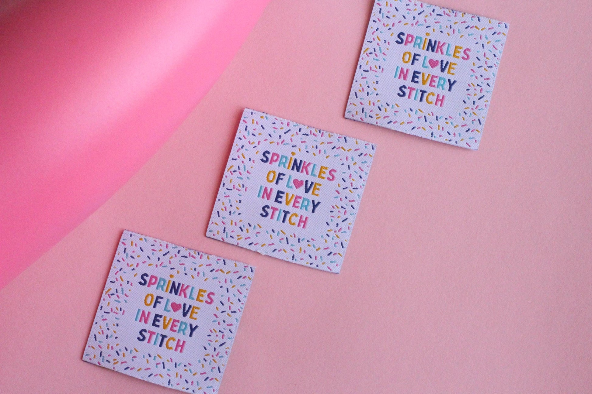 Woven Sewing Labels – Pack of 5 “Sprinkles of Love in Every Stitch” Tags, Cute Fabric Clothing Labels for Handmade Sewing Quilting Projects - The Cosy Club Handmade