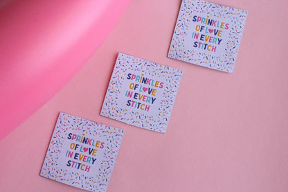 Woven Sewing Labels – Pack of 5 “Sprinkles of Love in Every Stitch” Tags, Cute Fabric Clothing Labels for Handmade Sewing Quilting Projects - The Cosy Club Handmade
