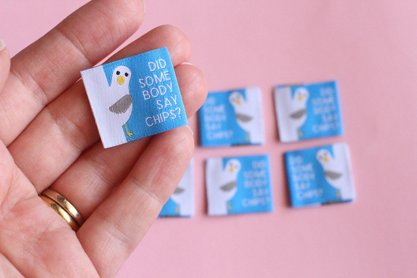 Funny Woven Sewing Labels – Pack of 6 Seagull “Did Somebody Say Chips?” Tags, Fabric Labels for Handmade Clothes & Quilting - The Cosy Club Handmade