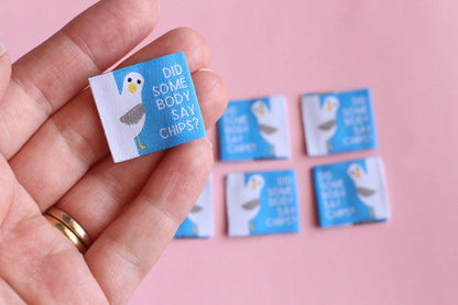 Funny Woven Sewing Labels – Pack of 6 Seagull “Did Somebody Say Chips?” Tags, Fabric Labels for Handmade Clothes & Quilting - The Cosy Club Handmade