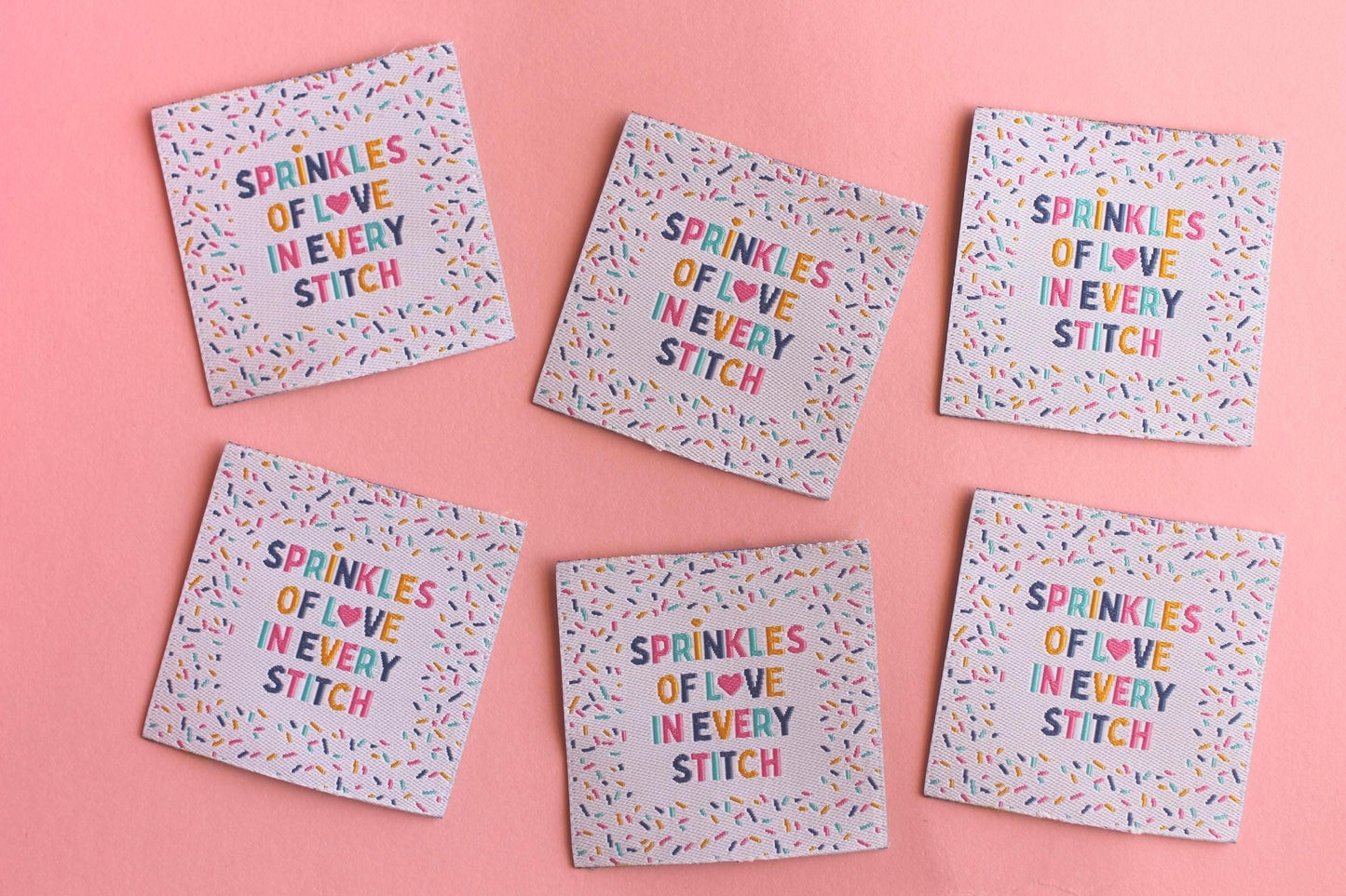 Woven Sewing Labels – Pack of 5 “Sprinkles of Love in Every Stitch” Tags, Cute Fabric Clothing Labels for Handmade Sewing Quilting Projects - The Cosy Club Handmade
