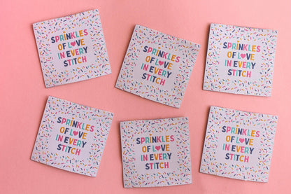 Woven Sewing Labels – Pack of 5 “Sprinkles of Love in Every Stitch” Tags, Cute Fabric Clothing Labels for Handmade Sewing Quilting Projects - The Cosy Club Handmade