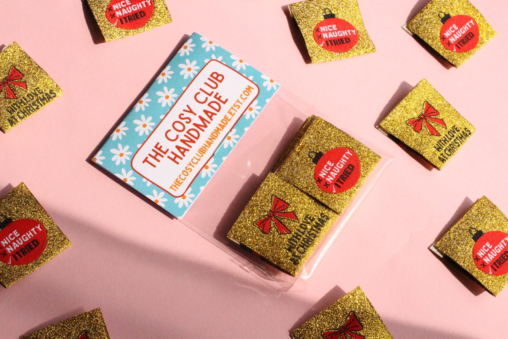 WITH LOVE, AT CHRISTMAS | Sparkly Gold Christmas Woven Sewing Labels (6 Pack) - The Cosy Club Handmade