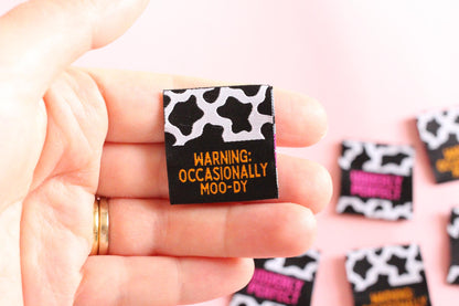 UDDERLY PERFECT / OCCASIONALLY MOO-DY | Cow Print Double Sided Woven Sewing Labels (6 Pack) - The Cosy Club Handmade