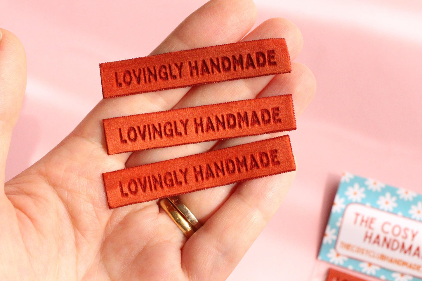 Velvet labels for handmade clothes | Pack of 4 rust orange velvet sewing labels "Lovingly Handmade" | Soft velvet tags for handmade items - The Cosy Club Handmade