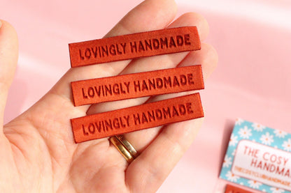 Velvet labels for handmade clothes | Pack of 4 rust orange velvet sewing labels "Lovingly Handmade" | Soft velvet tags for handmade items - The Cosy Club Handmade