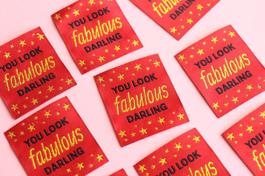 Metallic Gold Woven Sewing Labels – Pack of 5 “You Look Fabulous Darling” Tags, Handmade Clothing Labels for Crochet & Knitting - The Cosy Club Handmade