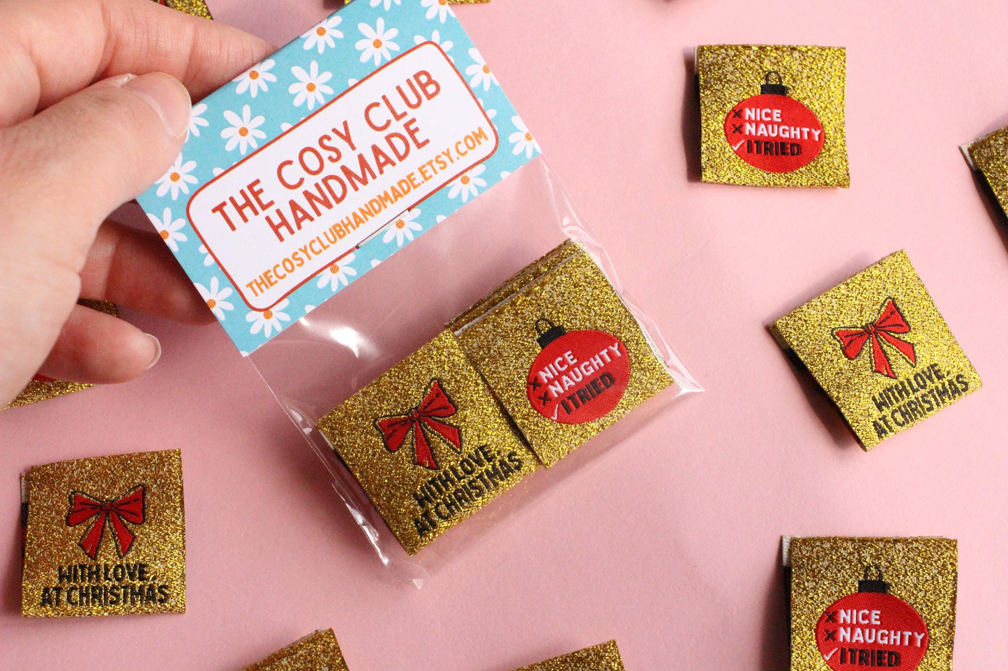 WITH LOVE, AT CHRISTMAS | Sparkly Gold Christmas Woven Sewing Labels (6 Pack) - The Cosy Club Handmade