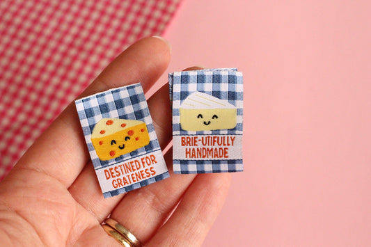 Cheese Woven Sewing Labels for Handmade – Pack of 6 Blue Gingham Punny Tags, “Brie-utifully Handmade / Destined for Grateness” - The Cosy Club Handmade