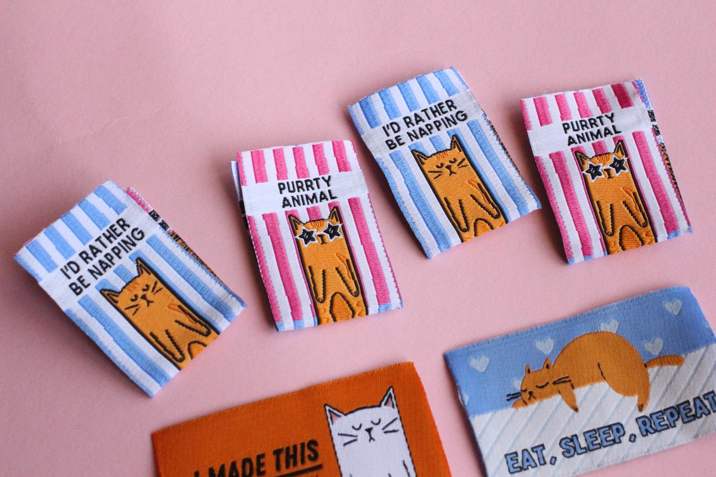 KITTY PACK | Pack of 6 cat themed woven sewing labels for handmade clothes/accessories "Size: Purrfect" "I'd Rather Be Napping" - The Cosy Club Handmade