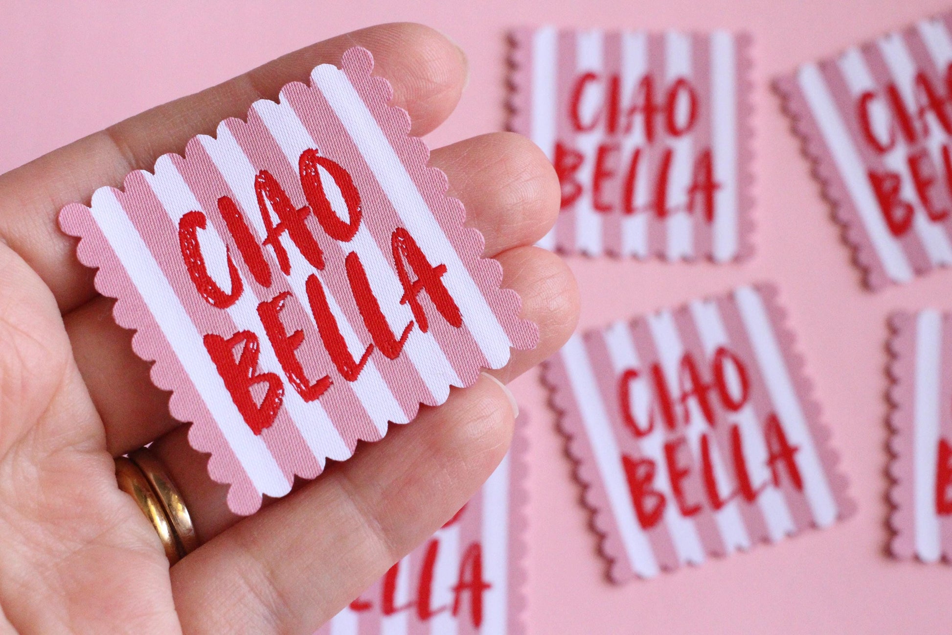 Ciao Bella SCALLOP EDGE Woven Sewing Labels: Cute Pink & White Stripe Clothes Tags for Handmade Projects, Summer Woven Labels, Interfaced - The Cosy Club Handmade